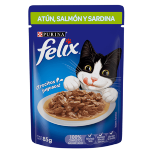 Felix-Alimento-Húmedo. Felix gato adulto atún, salmón y sardina- Alimento húmedo-pescados-felix-gato-gatito