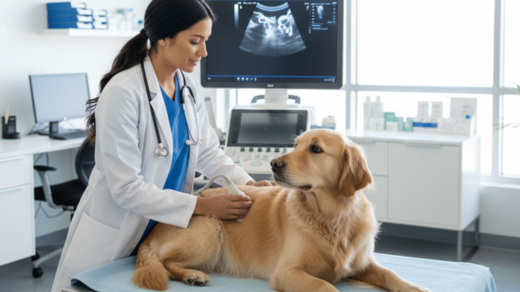 veterinaria analizando una perra golden retriver en estado en una clinica 