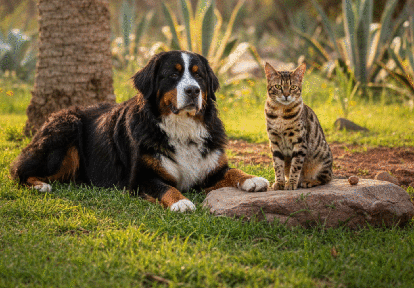 Boyero de Berna y Gato Exótico, juntos al aire libre