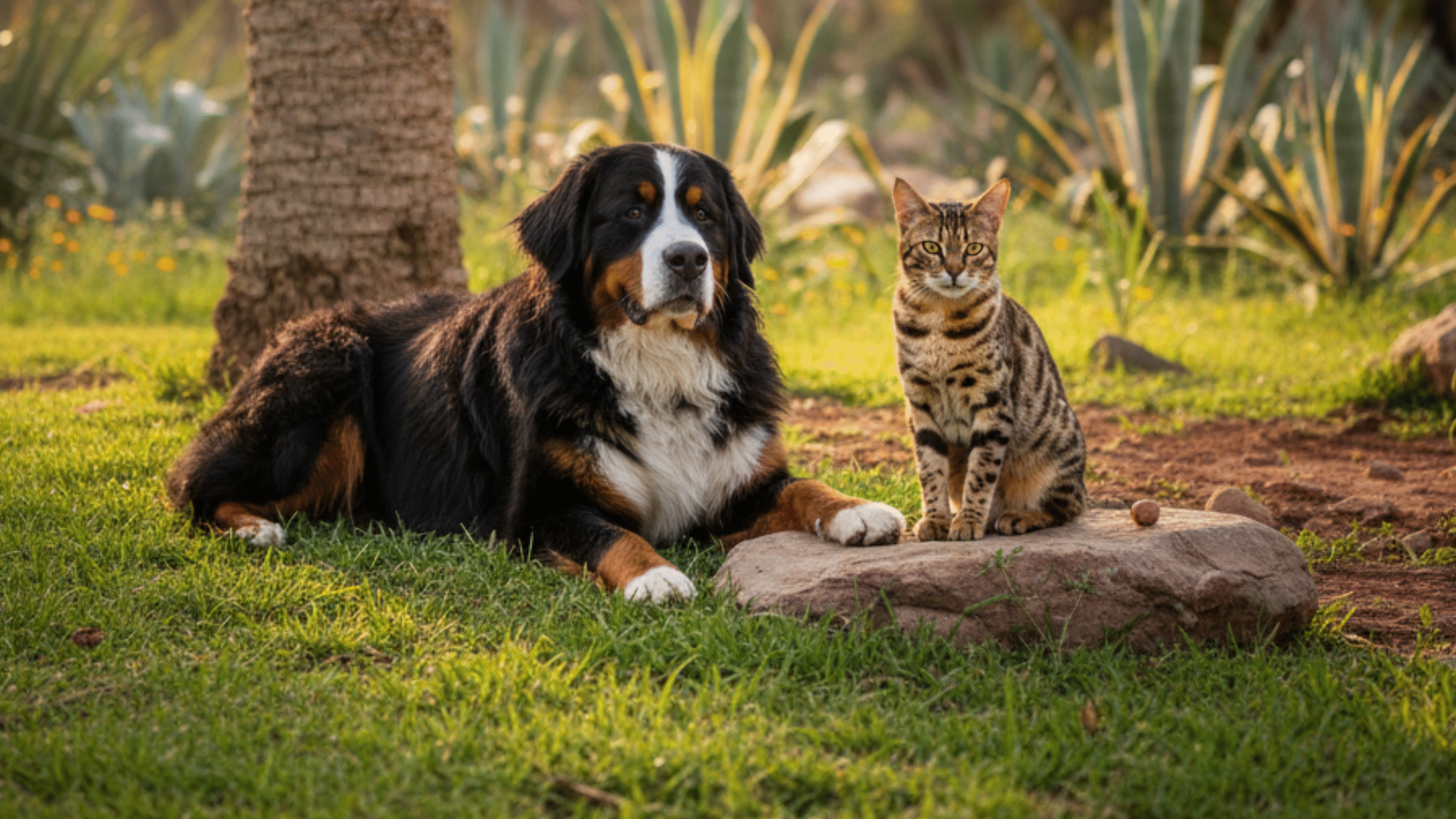 Boyero de Berna y Gato Exótico, juntos al aire libre