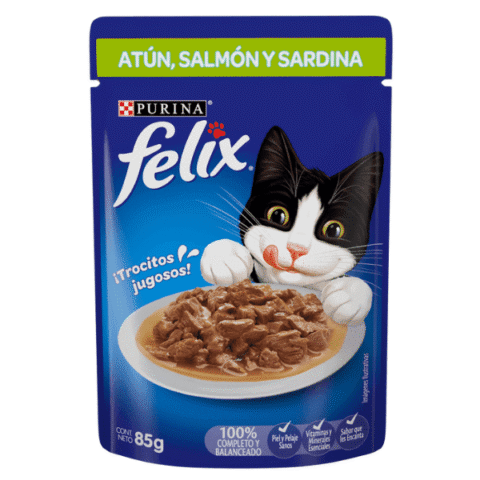 Felix-Alimento-Húmedo. Felix gato adulto atún, salmón y sardina- Alimento húmedo-pescados-felix-gato-gatito